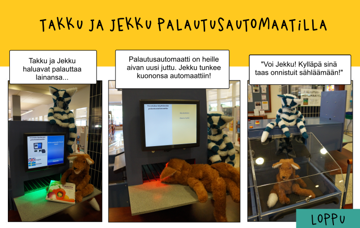 Takku ja Jekku palautusautomaatilla -sarjakuva.